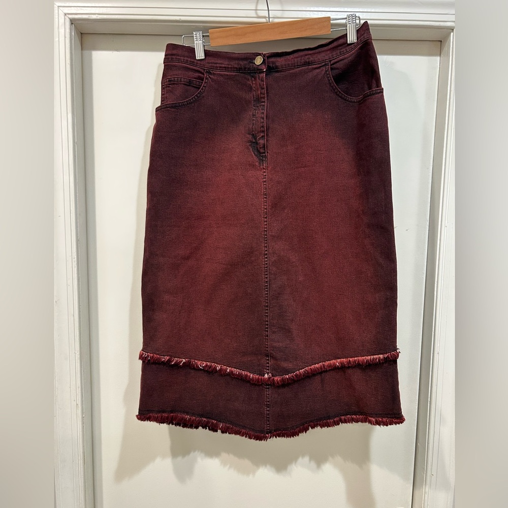 Marina Rinaldi Burgundy Denim Skirt with Fringe
